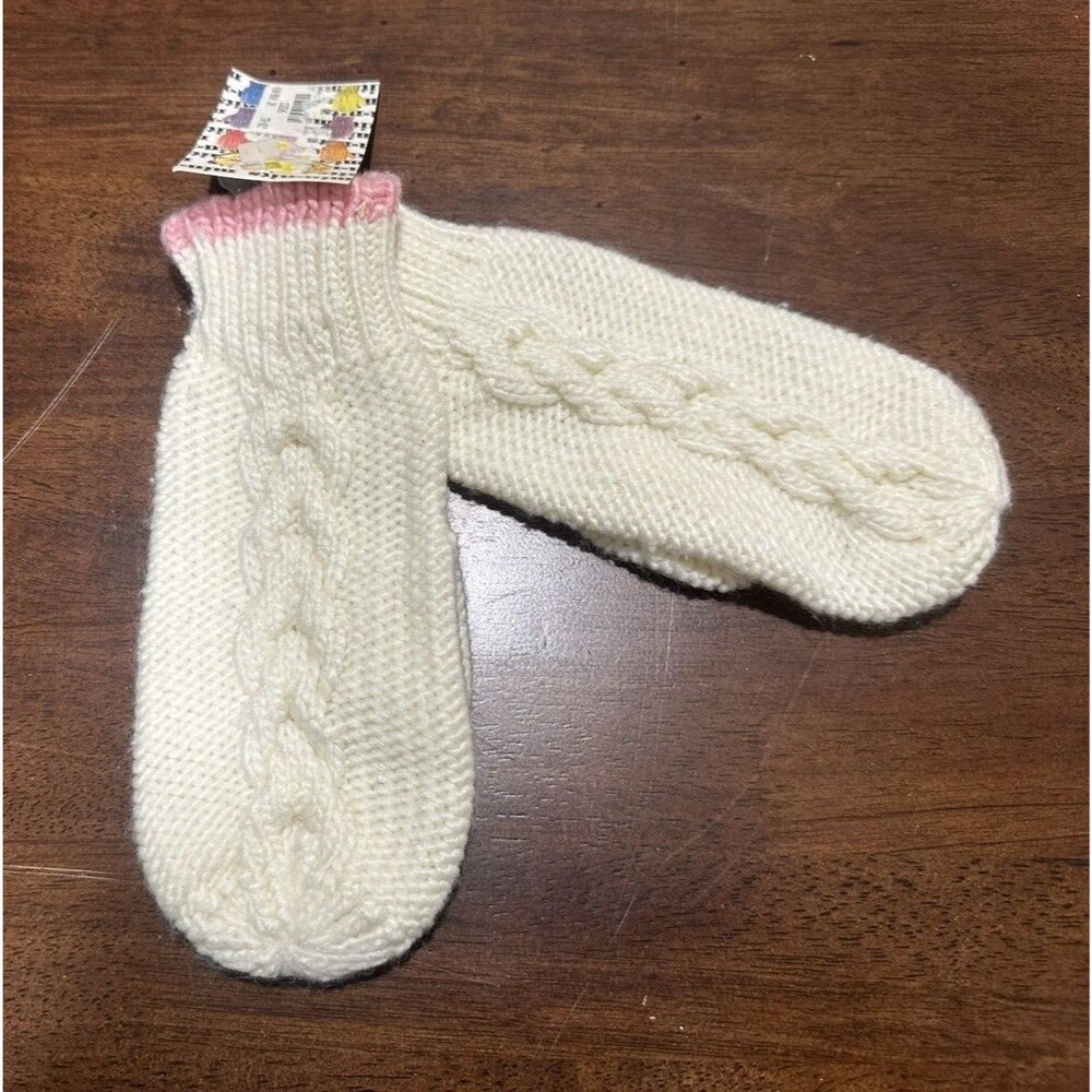 Girls size youth 8 to 16 Ivory and pink  acrylic mittens